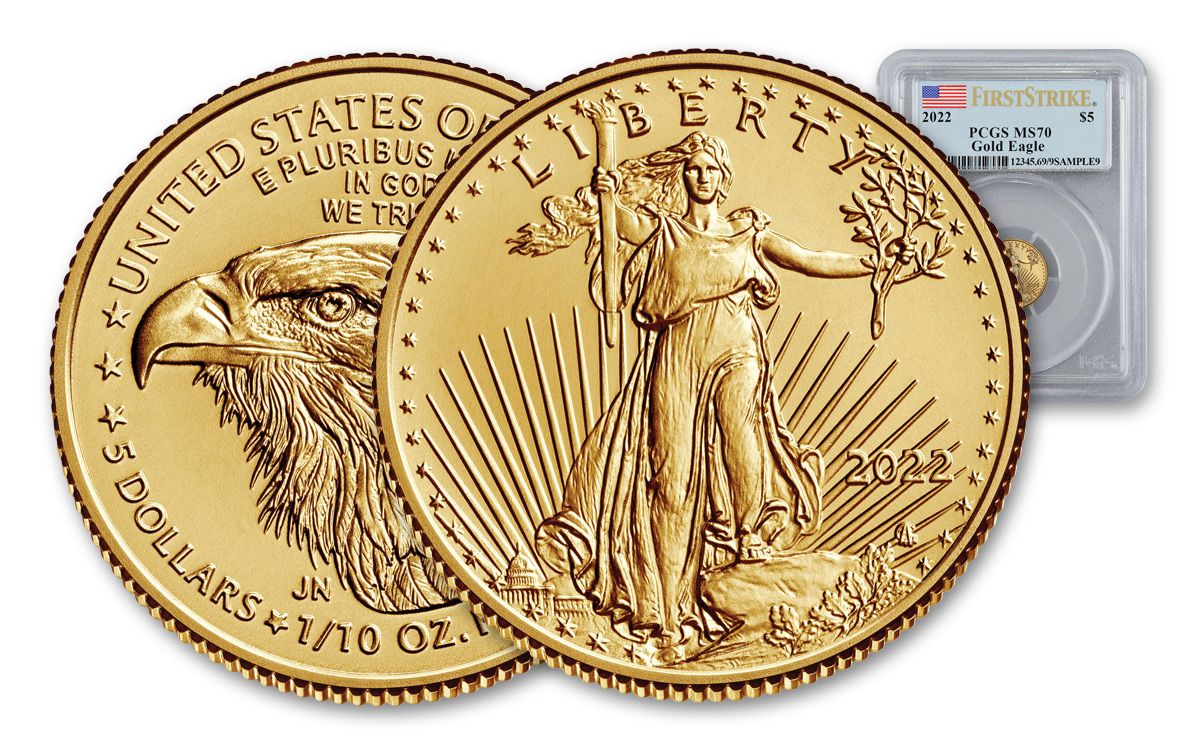2022 $5 1/10-oz Gold American Eagle PCGS MS70 FS w/Flag Label | GovMint.com