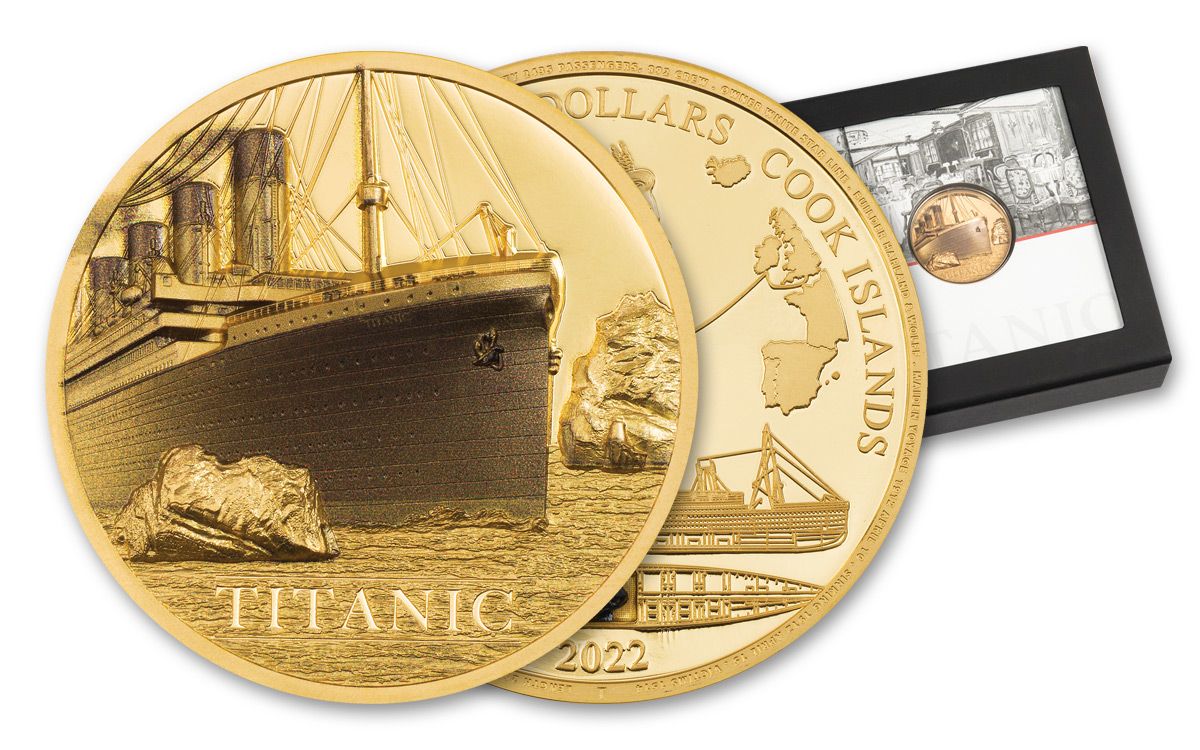 Titanic Proof - Tiền vàng Cook Islands: Ngắm nhìn hình ảnh của tiền vàng Cook Islands, liên quan đến con tàu Titanic nổi tiếng. Với số lượng giới hạn, đây là vật phẩm độc đáo và lịch sử cần phải được giữ gìn.