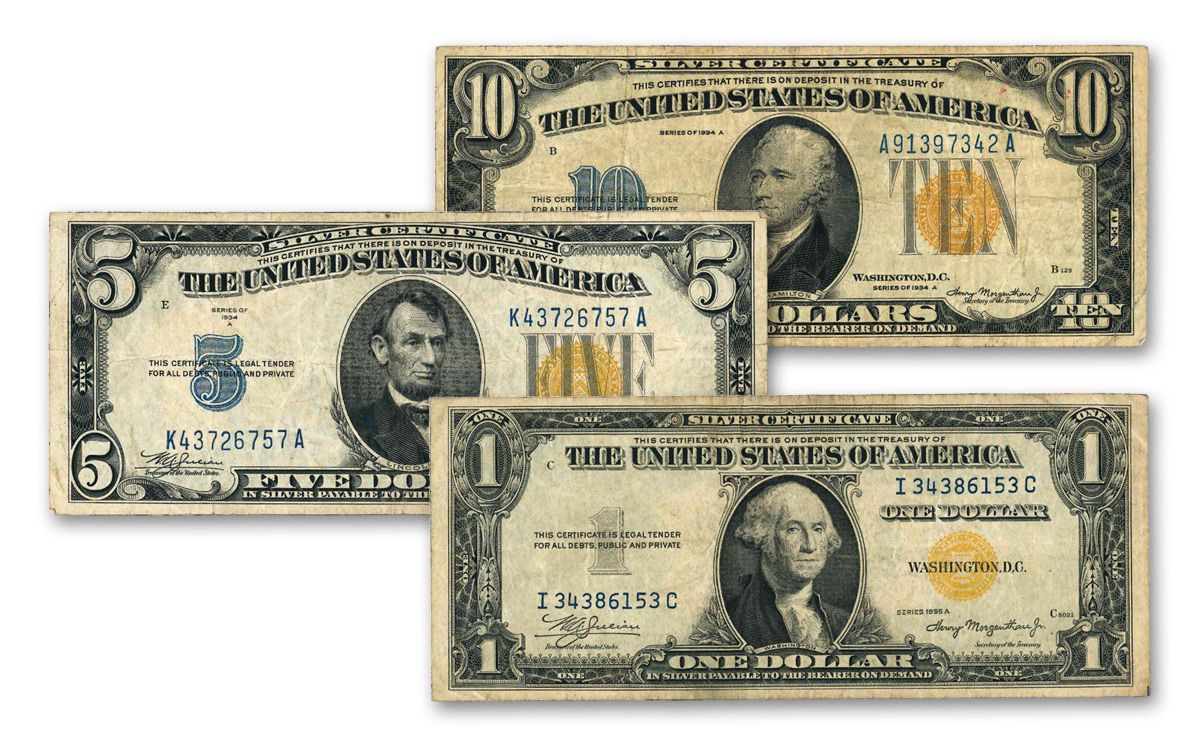 1935 Series $1–$10 Silver Certificate “Yellow Seal” Note 3-pc Set VF
