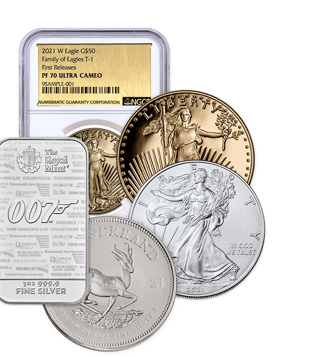 Silver 007 James Bond Bar, 2021 T-1 American Silver Eagle BU, 2021 T-1 American Gold Eagle BU, 2021 T-1 American Gold Eagle NGC Proof 70 Ultra Cameo First Releases