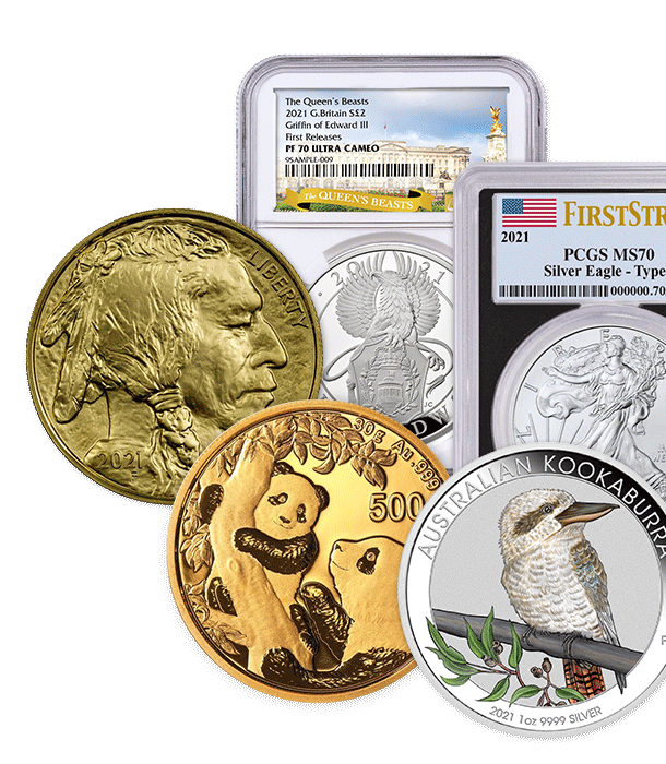 2021 American Gold Buffalo BU, China Gold Panda, 2021 1-ounce Silver Australian Kookaburra Colorized, 2021 Great Britain Silver Queen's Beasts Griffin of Edward III NGC Proof 70 Ultra Cameo First Releases, 2021 T-1 American Silver Eagle PCGS Mint State 70