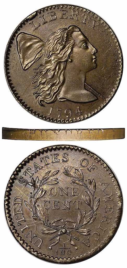 The obverse and reverse designs of the 1794 Liberty Cap One Cent Coin