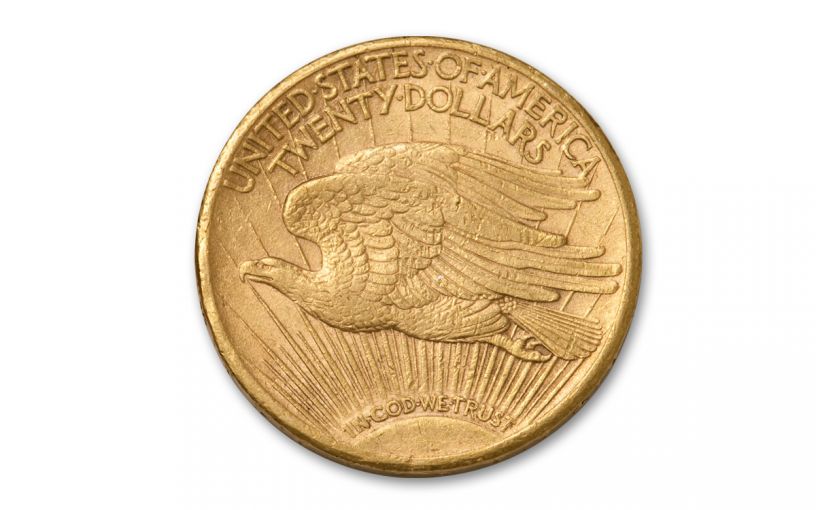 The reverse design of the $20 Saint-Gaudens Double Eagle gold coin.