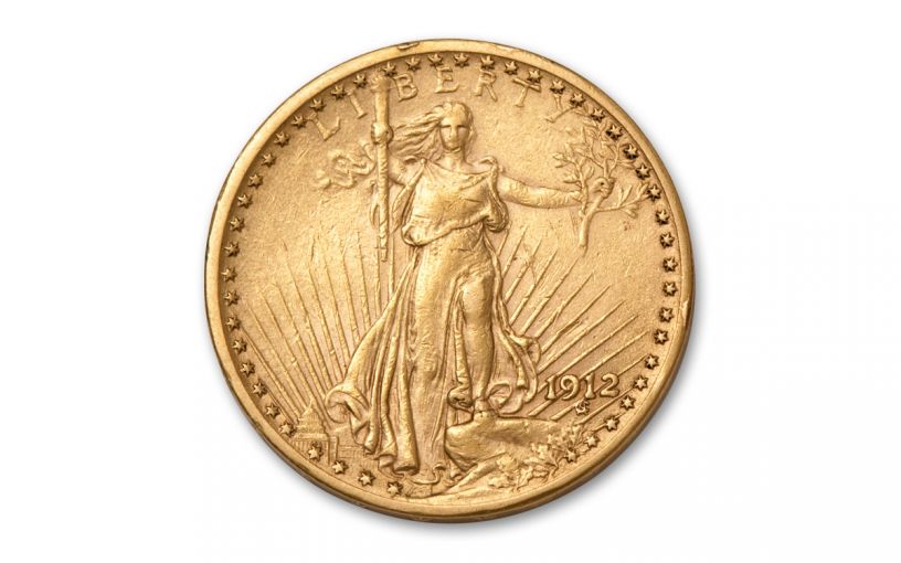 The obverse design of the $20 Saint-Gaudens Double Eagle gold coin.