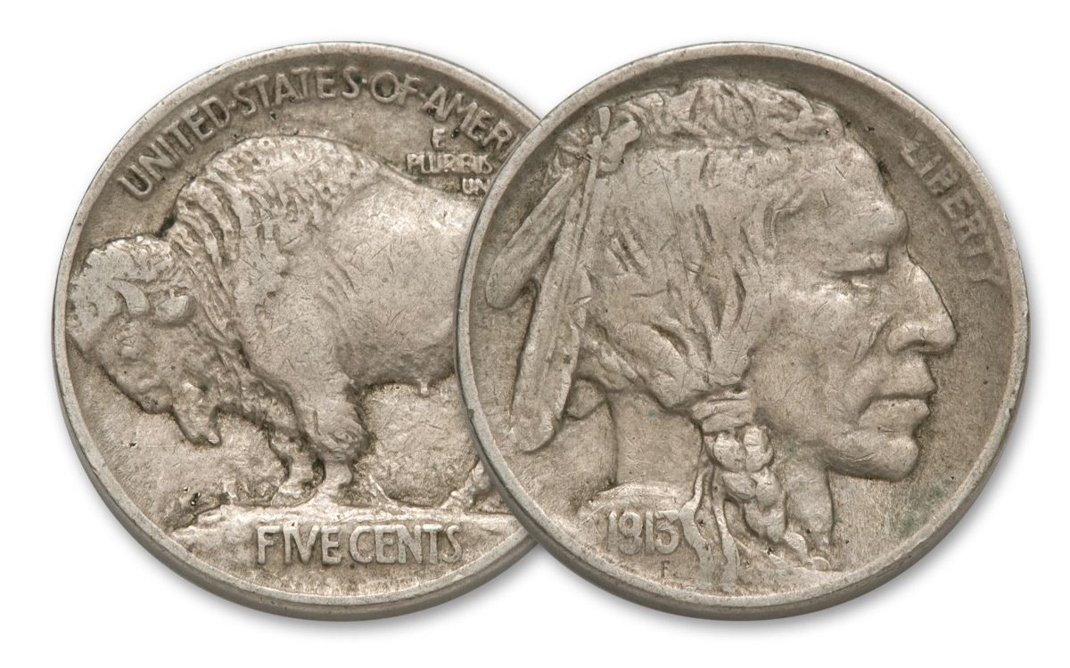 A 1913 Buffalo Nickel of both obverse Native American and reverse buffalo design.