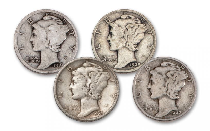 1916 – 1945 Mercury Dime Decades 4-pc Set G–VG