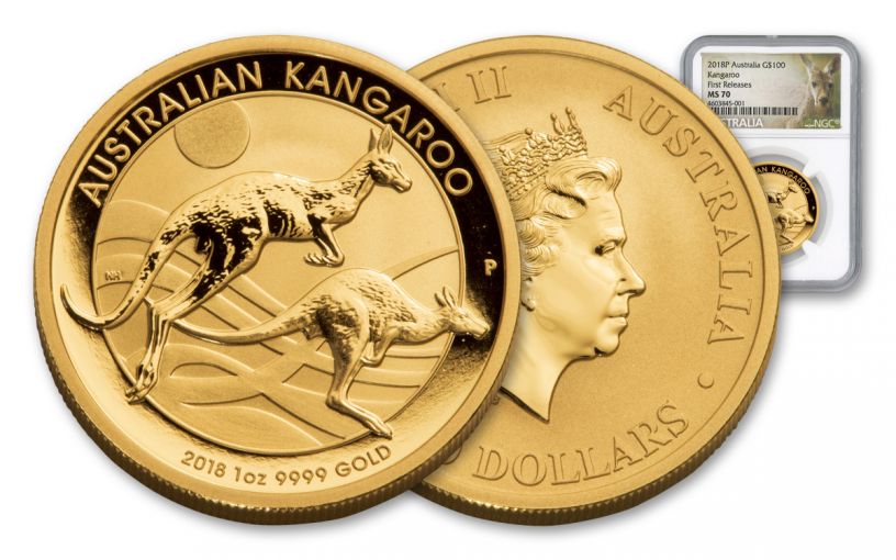 The obverse and reverse design of the 2018 Gold Kangaroo coin