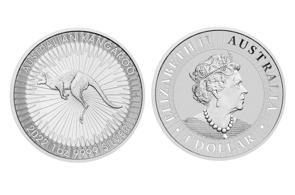 The obverse and reverse designs of the Perth Mint’s 2022 Silver Kangaroo coin.