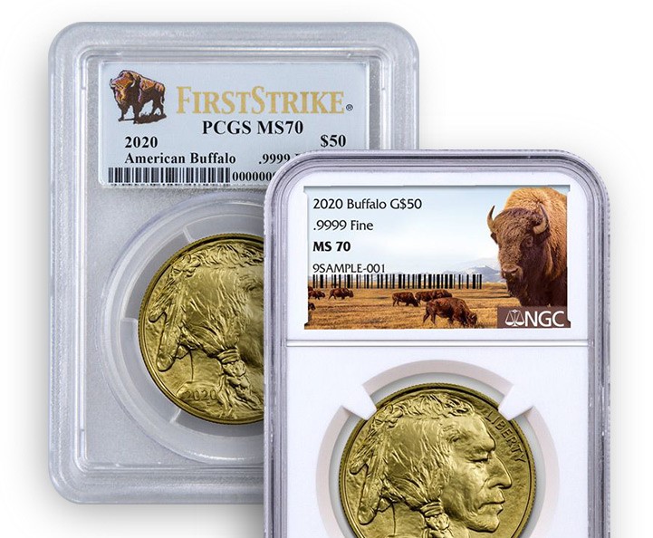 2020 $50 1 Ounce American Gold Buffalo PCGS MS70 First Strike and a 2020 $50 1 Ounce American Gold Buffalo NGC MS70 