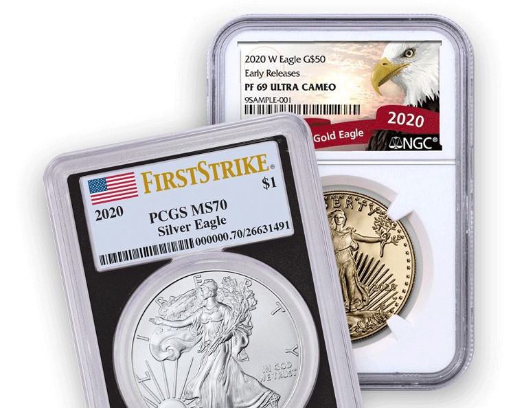 2020 $1 1 Ounce American Silver Eagle PCGS MS70 First Strike black core and a 2020-W $50 1 Ounce American Gold Eagle NGC PF69 Ultra Cameo Early Releases 