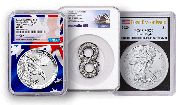 Three slabbed coins, including a 2020-P Australia Wedge-Tailed Eagle NGC MS70 FDI, 2020-P Australia Dragon and Phoenix Figure Eight NGC MS70 First Releases Antiqued, and 2020 American Silver Eagle PCGS MS70 FDI