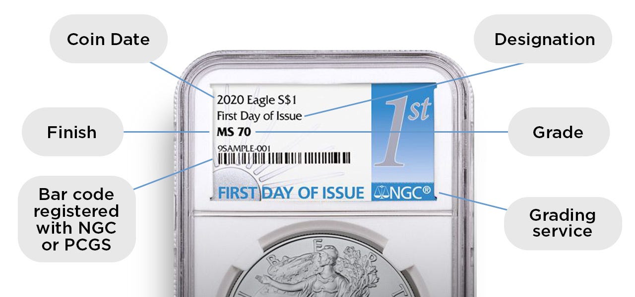 Coin Label Anatomy pointing out the coin date, finish, bar code registered with NGC or PCGS, designation, grade, and grading service