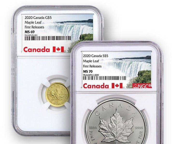 2020 $5 1/10-oz. Canada Gold Maple Leaf NGC MS69 First Releases and a 2020 $5 1-oz. Canada Silver Maple Leaf NGC MS70 First Releases