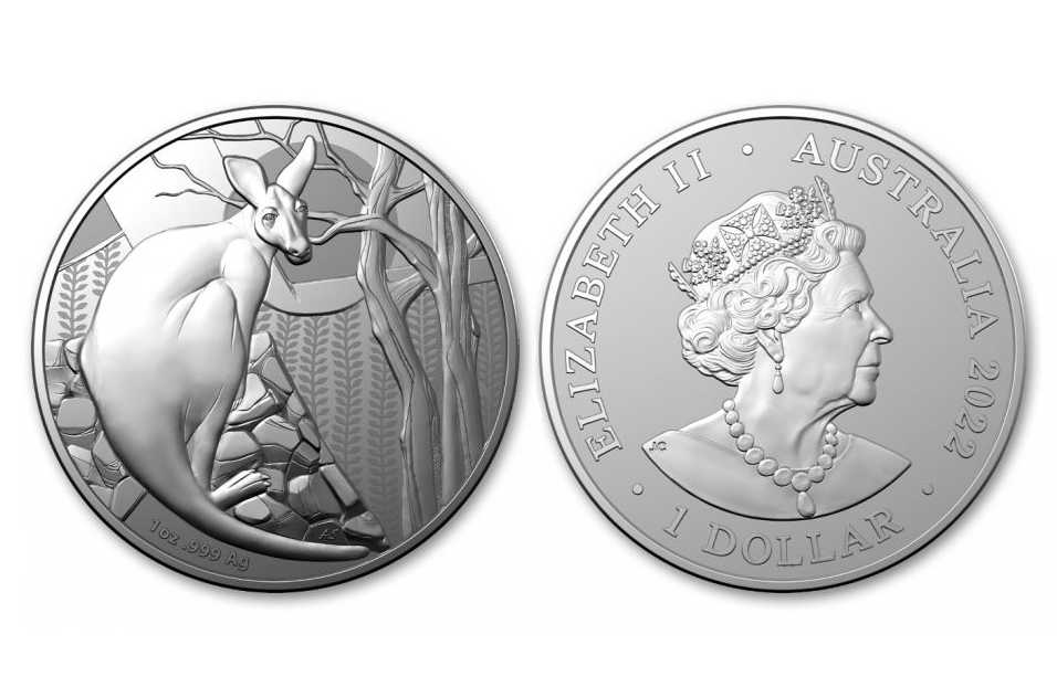The obverse and reverse designs of Royal Australian Mint’s silver kangaroo coin.