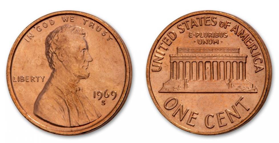 The obverse and reverse design of the 1969 Lincoln Memorial Penny