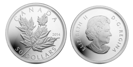 The obverse and reverse design of the 2014 high relief canada silver maple leaf coin