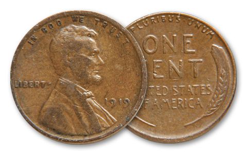The obverse and reverse designs of the 1909 Wheat Penny
