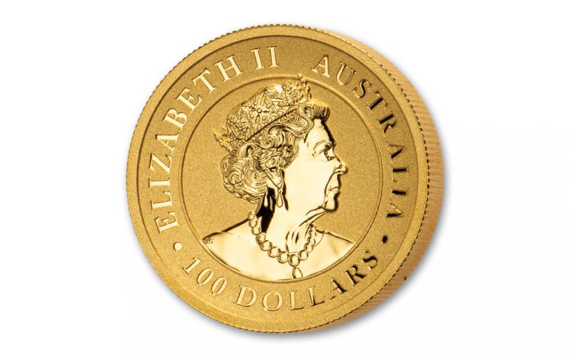 The obverse design of the Gold Wedge-Tailed Eagle coin with an effigy of Queen Elizabeth II